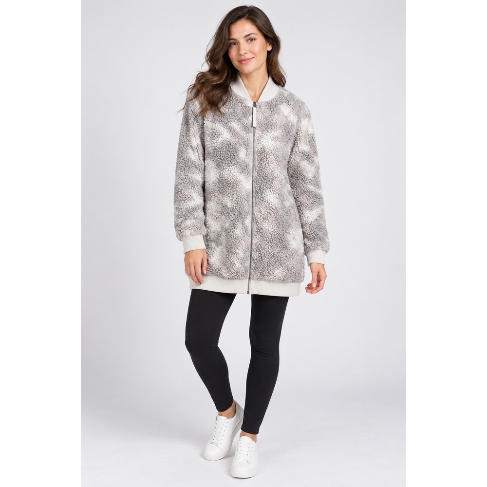 Columbia Womens Grey Camo Sherpa Fleece Full Zip Bomber Jacket Tunic Length L